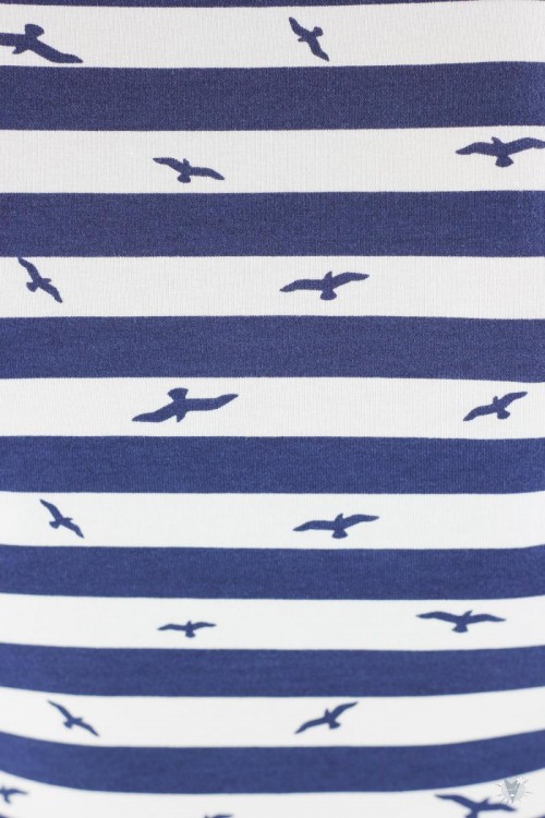 Skaterkleid mit langen Ärmeln, blau-weiß gestreift mit Vögeln