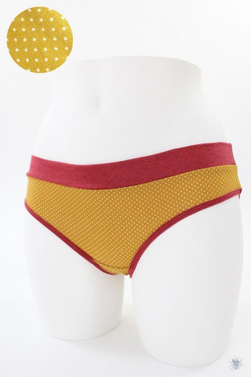 Damen-Unterhose mit Punkten auf gelb und rot melierten Bündchen S