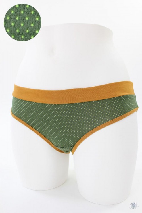 Damen-Unterhose grün mit Punkten und ocker Bündchen