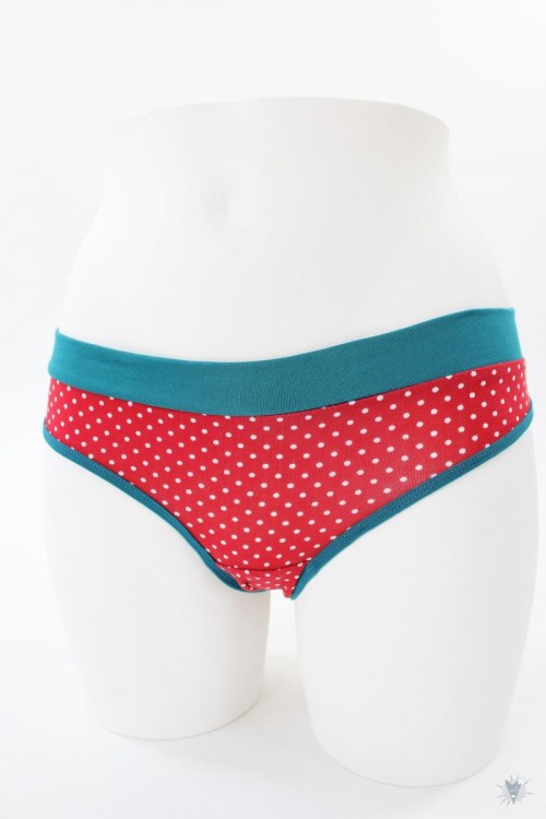 Damen-Unterhose rot mit Punkten und petrol Bündchen