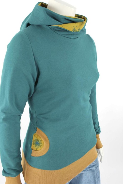 Damen-Kapuzenpulli smaragdgrün mit Pusteblumenfeuerwerk gelb