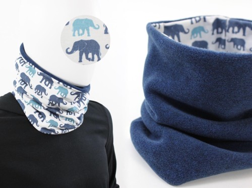 Fleece-Loopschal zum Wenden blau und Elefanten
