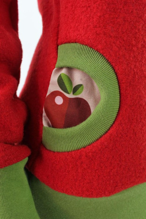 Wollpulli aus Wollwalk rot mit Äpfeln