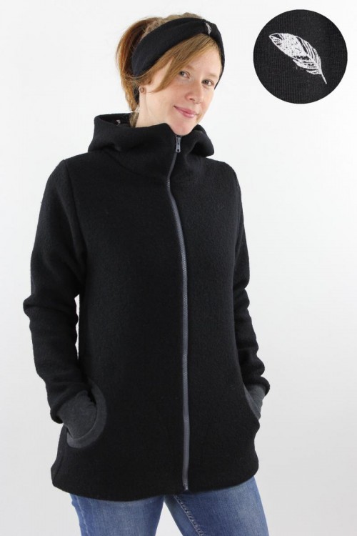 Damen-Wolljacke schwarz mit Federn