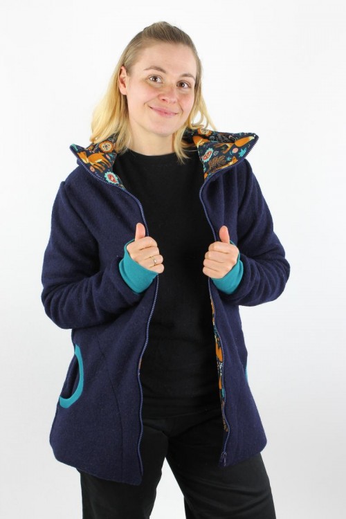 Damen-Wollwalkjacke marineblau mit Mohnfüchsen