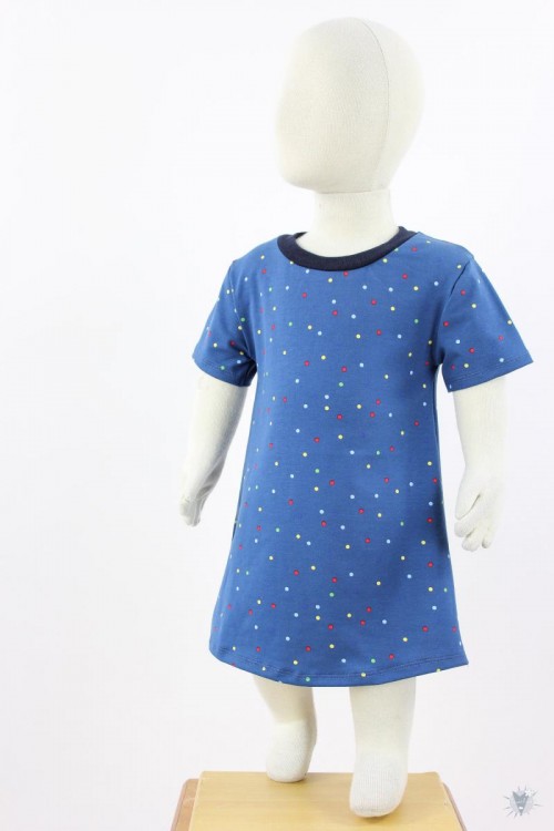 Kinder-Jerseykleid mit bunten Punkten auf blau 134/140