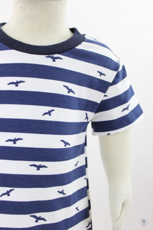 Kinder-Jerseykleid blau-weiß gestreift mit Vögeln 122/128