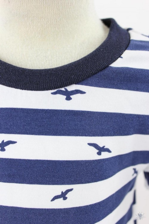 Kinder-Jerseykleid blau-weiß gestreift mit Vögeln 122/128