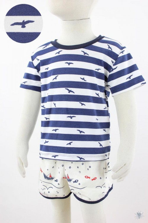 blau weiß gestreiftes Kinder-T-Shirt mit Vögeln 110/116