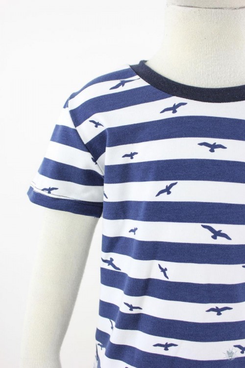 blau weiß gestreiftes Kinder-T-Shirt mit Vögeln 110/116
