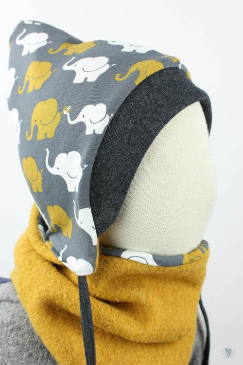 Kinder-Wollmütze, wendbar, gelb mit Elefanten auf grau