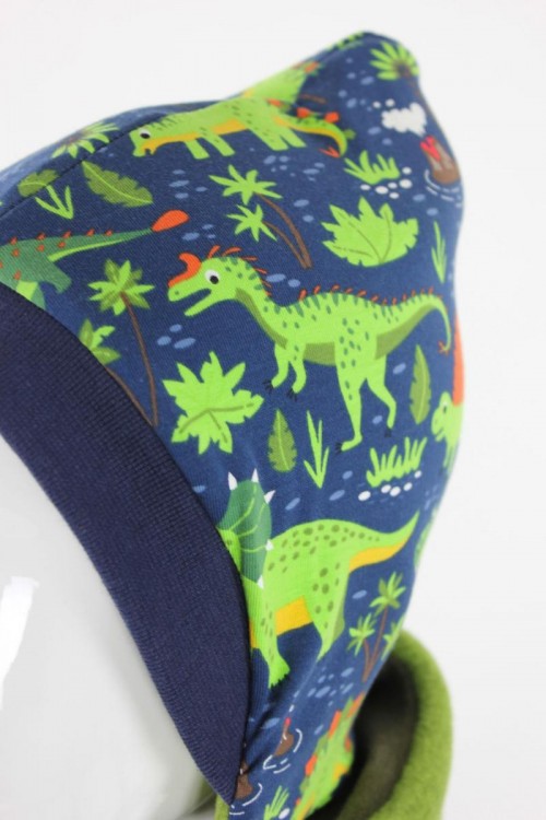 Kinder-Fleecemütze zum Wenden grün und Dinosaurier blau