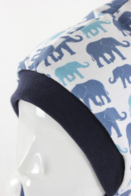 Kinder-Fleecemütze zum Wenden blau und Elefanten