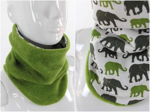 Fleece-Schlupfschal zum Wenden grün und Elefanten