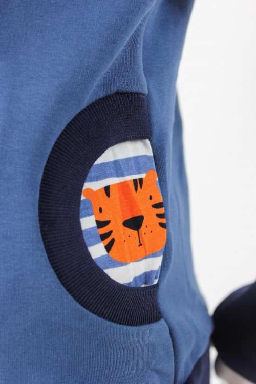 Kinder-Kapuzenpulli taubenblau mit Tigern auf Streifen