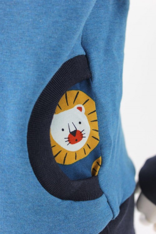 Kinder-Kapuzenpulli blau meliert mit Löwen