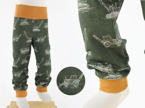 Kinder-Leggings dunkelgrün meliert mit Baufahrzeugen