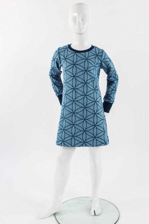 Langarm-Shirtkleid Jacquard-Jersey blau mit Blätterkreisen BIO-STOFFE
