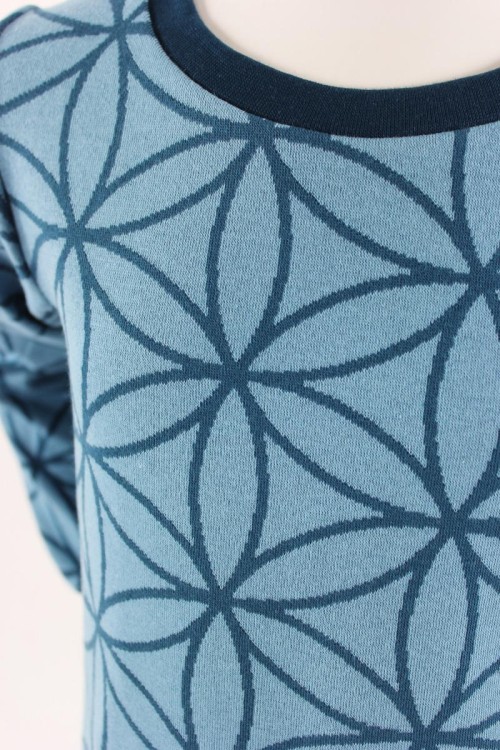 Langarm-Shirtkleid Jacquard-Jersey blau mit Blätterkreisen BIO-STOFFE