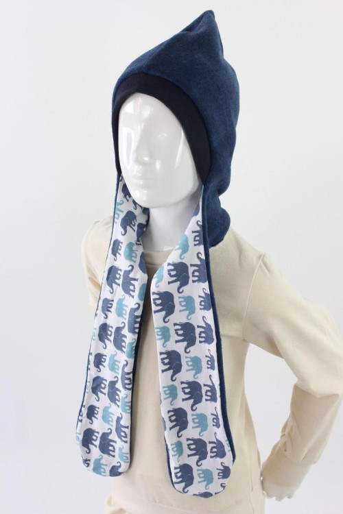 Fleece-Schalmütze zum Wenden blau mit Elefanten