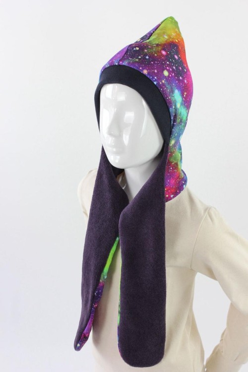 Fleece-Schalmütze zum Wenden lila mit Galaxy