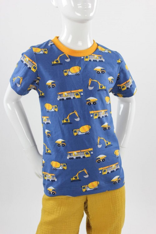 Kinder-T-Shirt blau mit Baufahrzeugen