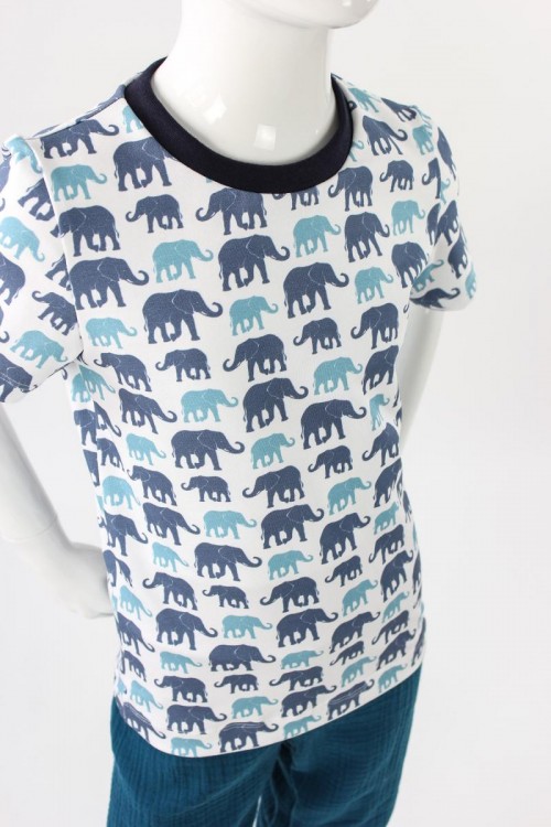 Kinder-T-Shirt weiß mit blauen Elefanten