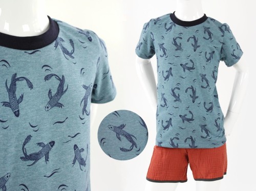 T-Shirt für Kinder blau meliert mit Fischen