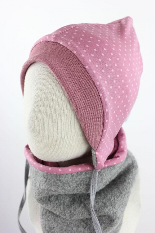 Kinder-Wollmütze zum Wenden grau mit Punkten auf rosa