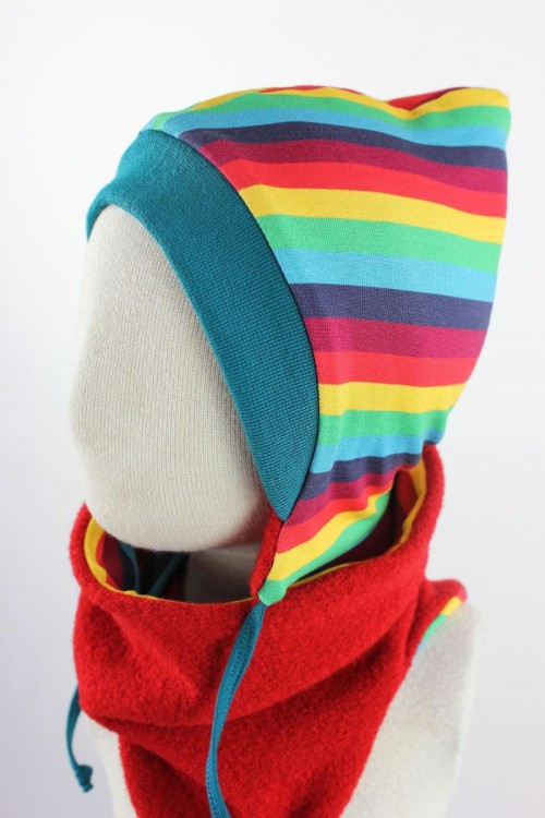 Kinder-Wollmütze zum Wenden rot mit Regenbogenstreifen