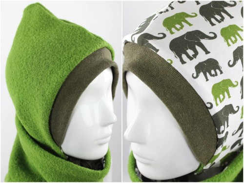 Kinder-Wollmütze zum Wenden grün mit Elefanten KU 50-53