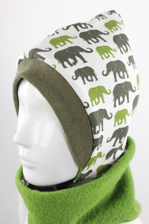 Kinder-Wollmütze zum Wenden grün mit Elefanten
