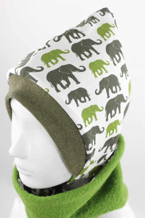 Kinder-Wollmütze zum Wenden grün mit Elefanten
