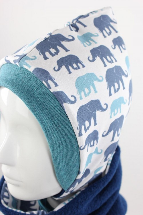 Kinder-Wollmütze zum Wenden petrol mit Elefanten