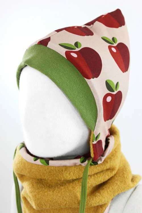 Kinder-Wollmütze zum Wenden gelb mit Äpfeln
