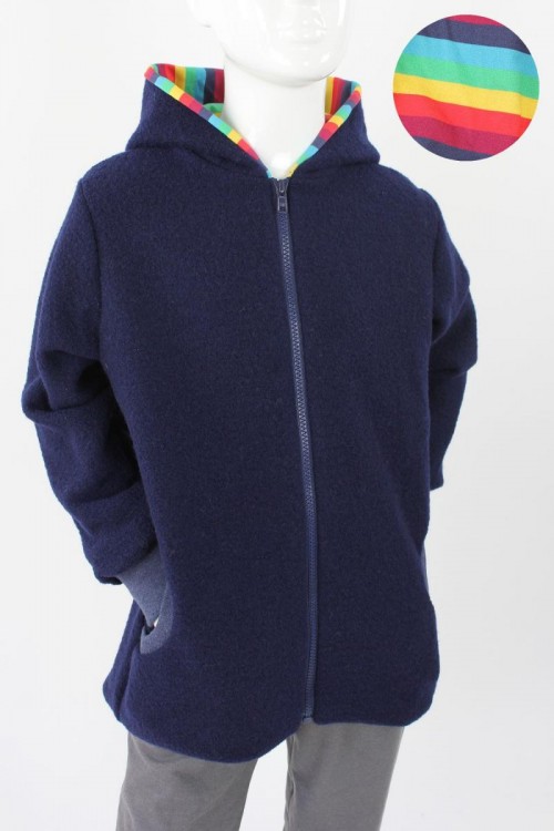 Kinder-Wolljacke marineblau mit Regenbogenstreifen 98/104