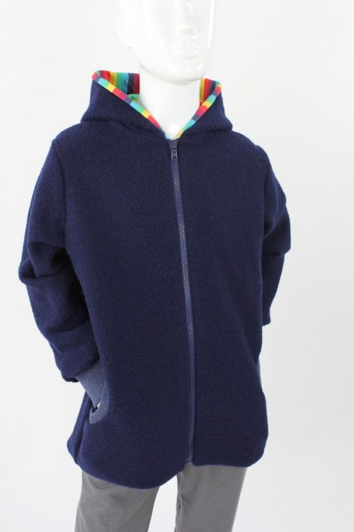 Kinder-Wolljacke marineblau mit Regenbogenstreifen